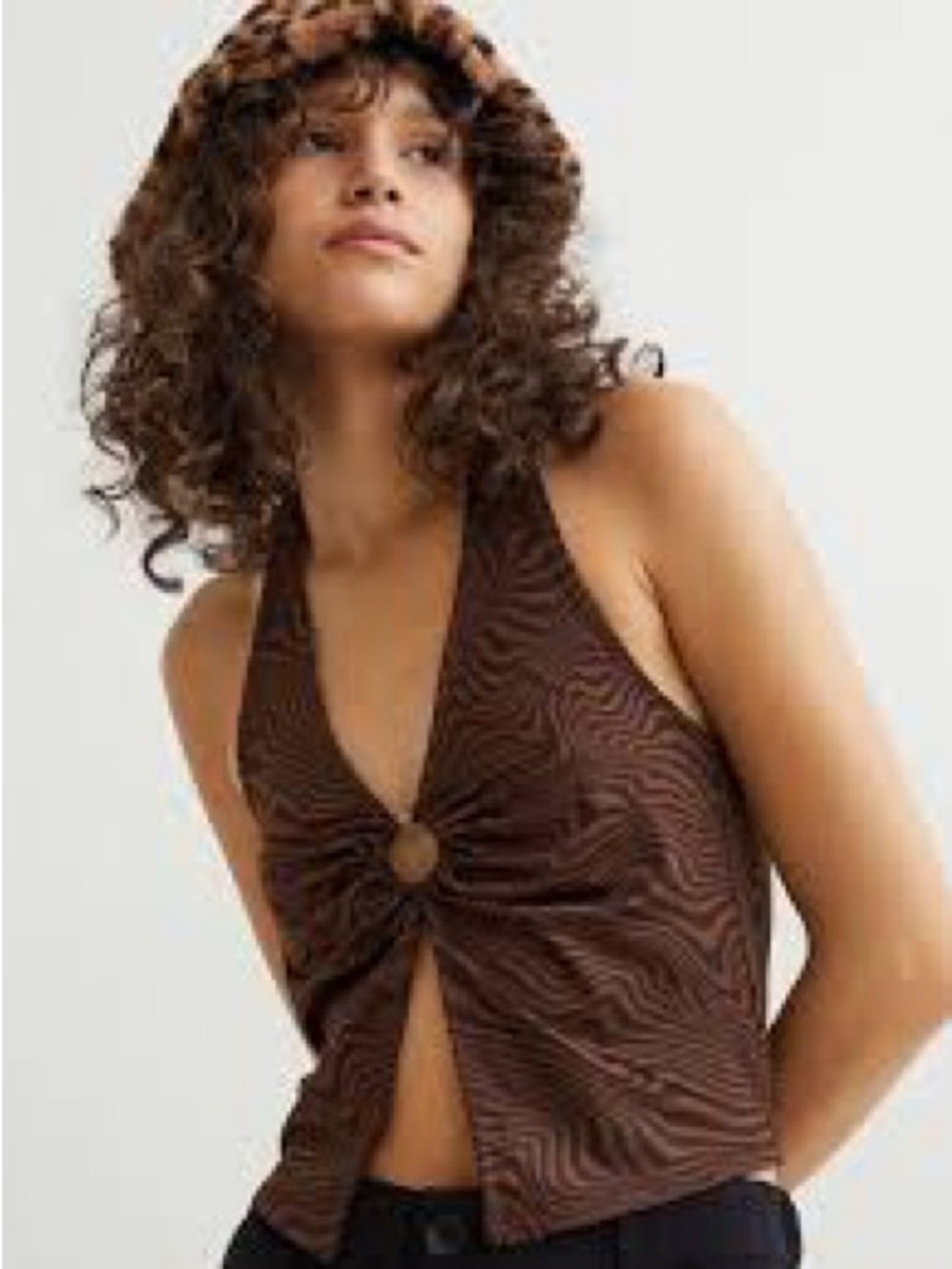 H&M Brown Swirl-Print Halter Top with Ring Detail